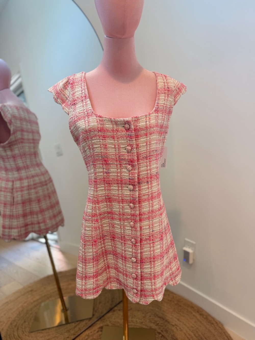 NWT Lisa Marie Fernandez The Scallop Pink & Cream Tweed Button Front Mini Dress